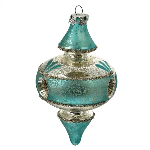 Stříbrno-modrá antik skleněná závesná ozdoba - Ø 8*13 cm Clayre & Eef