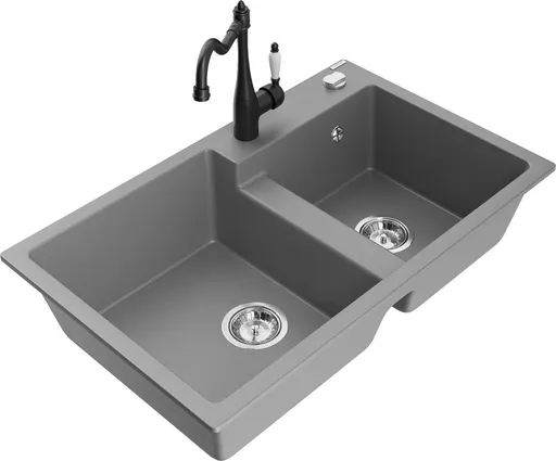 MEXEN/S Tomas granitový dřez 2-bowl včetně baterie Carla, šedá 6516-71-670700-70