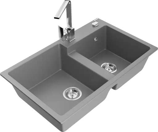 MEXEN/S Tomas granitový dřez 2-bowl včetně baterie Rita, šedá 6516-71-670300-00
