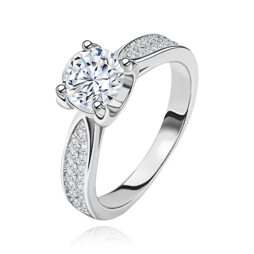 Zásnubní prsten, stříbro 925, zúžená blýskavá ramena, kulatý zirkon - Velikost: 55