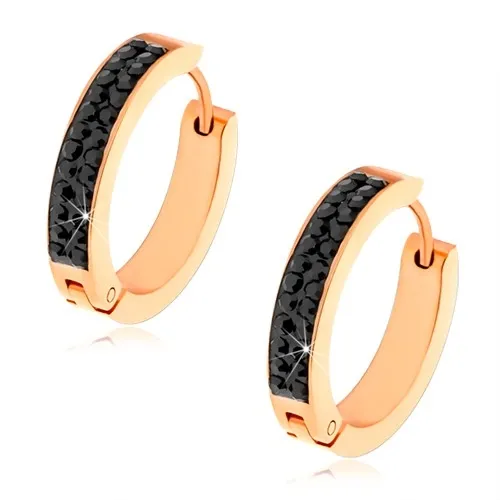 Ocelové náušnice měděné barvy, černý proužek ze zirkonů