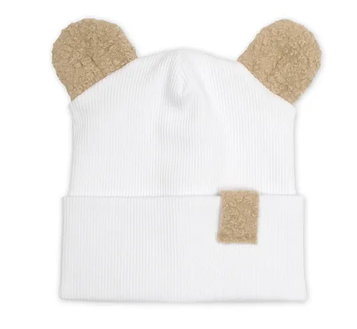 Baby Nellys Dvouvrstvá žebrovaná čepička s oušky boucle medvídek - bílá