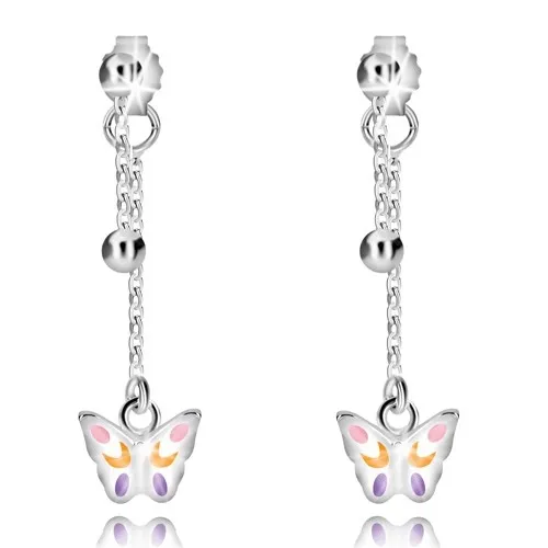 Stříbrné náušnice 925 - kulička a motýlek na řetízku, puzetky s ozdobou