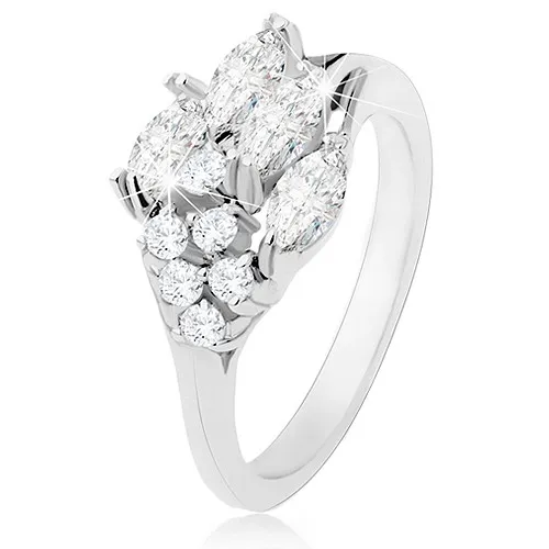 Prsten zdobený zrníčkovitými a kulatými zirkony čiré barvy, lesklá ramena - Velikost: 54