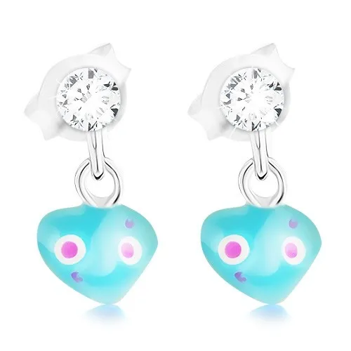 Náušnice s visícím srdíčkem, glazura ve světle modrém odstínu, stříbro 925