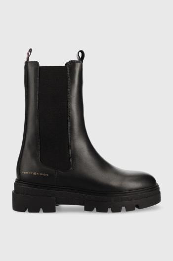 Kožené kotníkové boty Tommy Hilfiger Monochromatic Chelsea Boot dámské, černá barva, na plochém podpatku