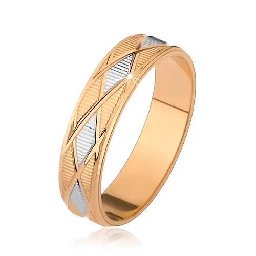 Dvoubarevný prsten, vzor kosočtverců, gravírované svislé rýhy - Velikost: 52