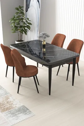Dining Table & Chairs Set (5 Pieces) Nil - Black Marble, Tile Red