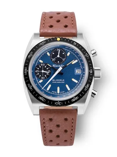 Nivada Grenchen Chronosport Blue Automatic - Brown Racing Strap