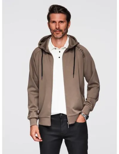 Pánská mikina bez knoflíků se stojáčkem a kapucí – šedohnědá V3 OM-SSZP-0216