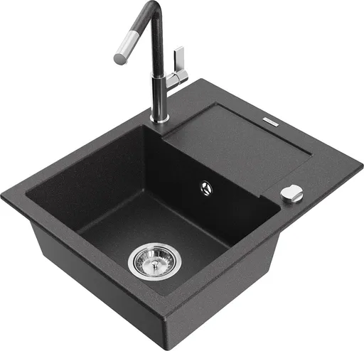 MEXEN/S Enzo granitový dřez 1-miska s odkapávačem včetně baterie Flora, černá kropenatá 6506-76-670401-08