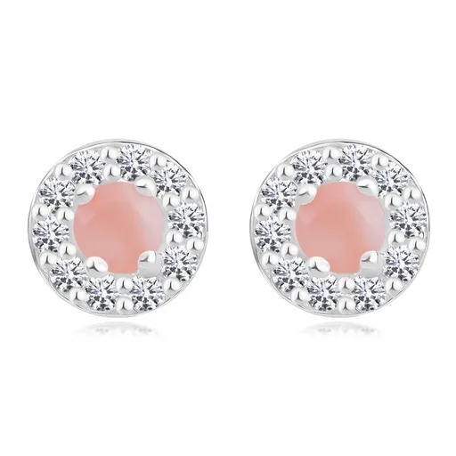 Stříbrné 925 náušnice - růžový opál, kulatý lem s čirými zirkony