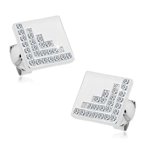 Puzetové náušnice - stříbro 925, zrcadlově lesklé čtverce, čiré zirkonky