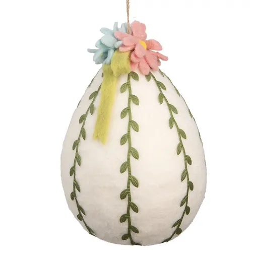Bílá závěsná dekorace plstěné vajíčko s květy - Ø 18 * 27 cm Clayre & Eef
