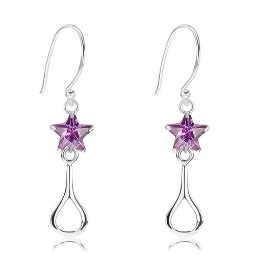 Stříbrné 925 náušnice, blýskavá fialová hvězda, lesklý obrys slzy