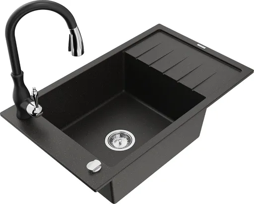 MEXEN/S Elias Elias granitový dřez 1-miska s odkapávačem včetně baterie Savita, černá/zlatá metalik 6511-75-672601-70