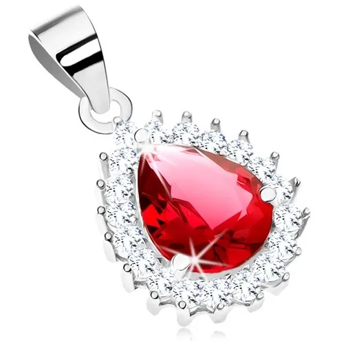 Přívěsek ze stříbra 925, tmavě červená zirkonová slza s čirým lemem