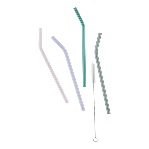 LONG DRINK Skleněná brčka zahnutá s kartáčkem na čištění set 5 ks - mix