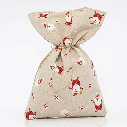 Eurolamp Vánoční dekorace pytel béžový s obrázky santy, 34 x 47 cm, 1 ks