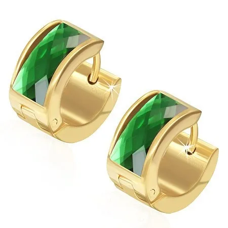 Náušnice z oceli 316L, povrch zlaté barvy, obdélníkový zelený zirkon