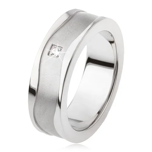 Prsten z titanu s matným povrchem a lesklými vlnkami, čirý kamínek - Velikost: 54