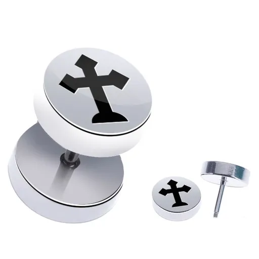 Falešný piercing do ucha z oceli - lesklý, kříž s cípy do špice