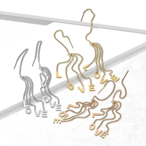 Náušnice z chirurgické oceli 316L - řetízek, písmena LOVE - Barva: Měděná