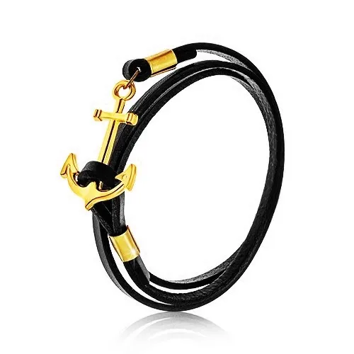 Černý kožený náramek na trojité obtočení okolo zápěstí, lodní kotva