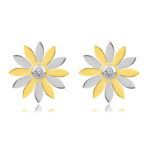 Ocelové náušnice - kvítek s lupínky zlaté a stříbrné barvy a se zirkonem