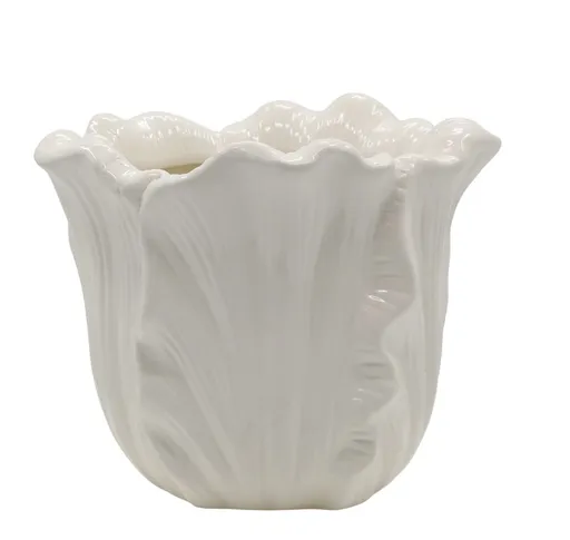 Krémový obal na květináč se vzorem listů Fayence - Ø 18*16 cm Chic Antique