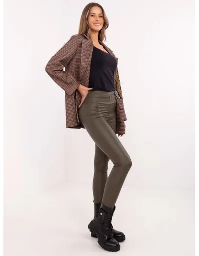 Khaki zateplené legíny z ekokůže