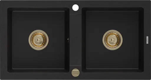 MEXEN/S Mario granitový dřez 2-bowly 820 x 436 mm, černý, zlatý sifon 6504822000-77-G