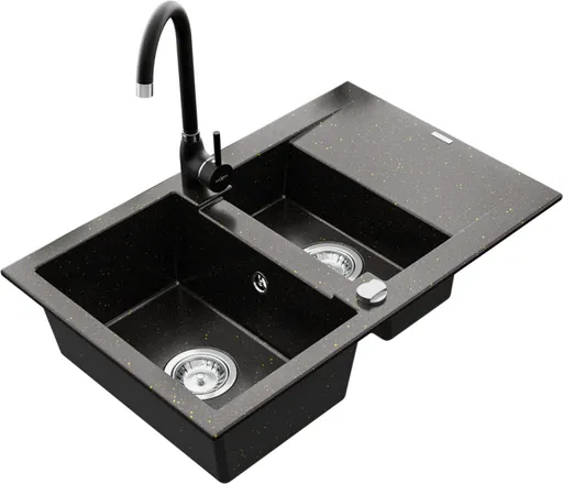 MEXEN/S Gaspar granitový dřez 1.5 s odkapávačem včetně baterie Telma, černá/zlatý 6507-75-670200-70