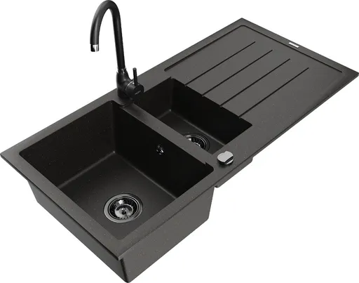 MEXEN/S Andres granitový dřez s odkapávačem včetně baterie Telma, černá/zlatá 6515-75-670200-70-B
