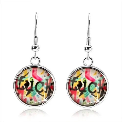 Náušnice kabošon, vypouklá glazura, různobarevné pásky a útvary, nápis