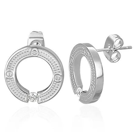 Puzetové kruhové náušnice z chirurgické oceli, stříbrná barva, vsazený čirý zirkon