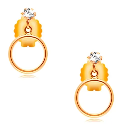 Náušnice ve žlutém 14K zlatě - kulatý čirý zirkon a tenký kroužek