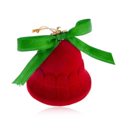 Sametová krabička na šperk, červený zvoneček, lesklá zelená mašlička