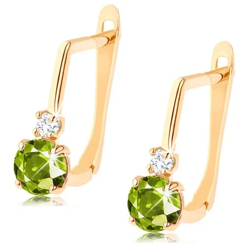 Náušnice ze žlutého 14K zlata - zelený a čirý zirkon na oblé tyčince