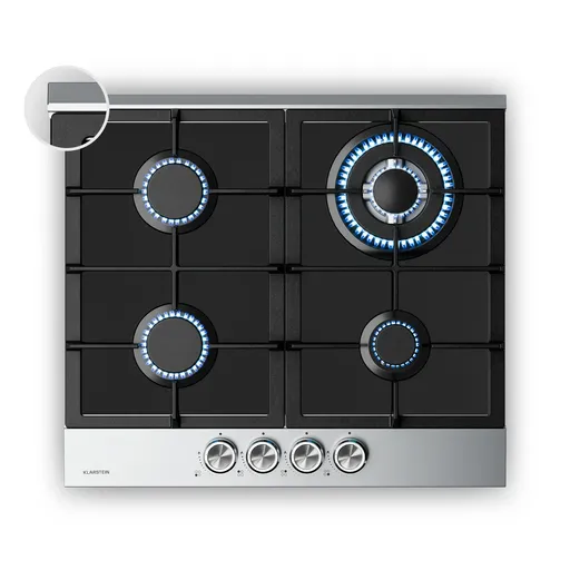 Klarstein Verosteel plynová varná deska, 4 hořáky, elektrické zapalování, kompatibilní s zemním plynem a LPG, 8000 W, 60 cm