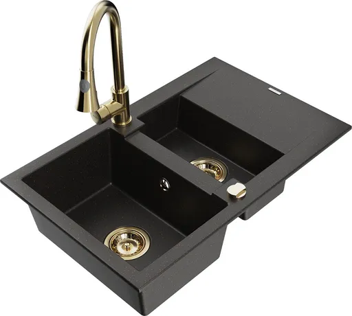 MEXEN/S Gaspar granitový dřez 1.5 s odkapávačem včetně baterie Elia, černá/zlatá metalik 6507-75-670101-50