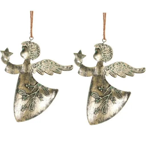 Závěsná vánoční dekorace Anděl 2 ks, kov, zlatá, 16 x 1 x 13 cm