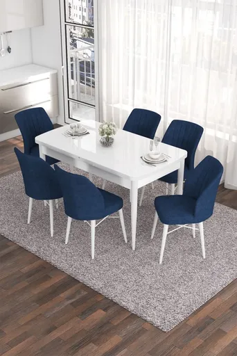 Extendable Dining Table & Chairs Set (7 Pieces) Eva - White, Navy Blue