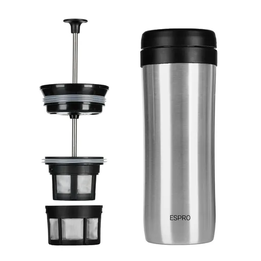 French press kávovar TRAVEL PRESS P1 350 ml, stříbrná, broušená nerezová ocel, Espro