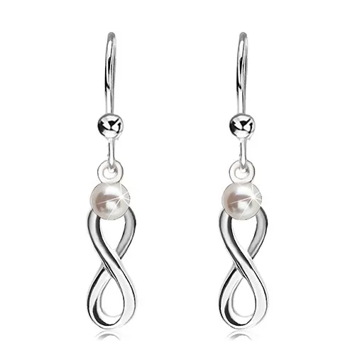 Stříbrné 925 náušnice, lesklý symbol INFINITY s bílou perličkou