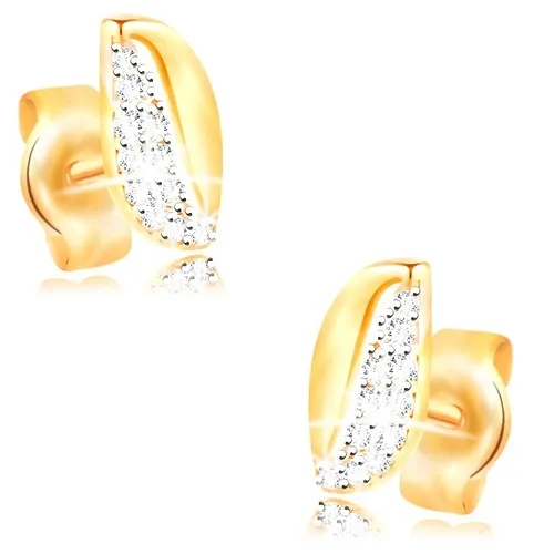 Zlaté 14K náušnice - dvoubarevné zvlněné zrnko se zirkony a výřezem