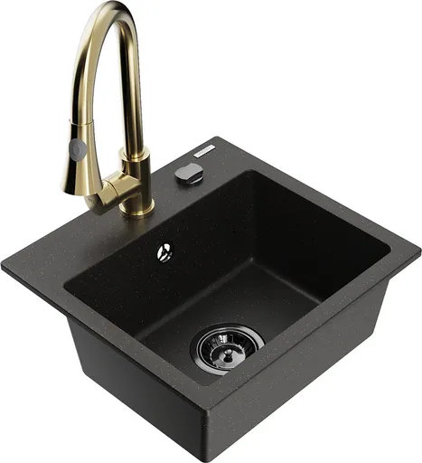 MEXEN/S Milo granitový dřez 1-miska včetně baterie Elia, černá/zlatá metalik 6505-75-670101-50-B