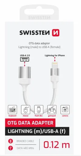 SWISSTEN OTG ADAPTÉR TEXTILE LIGHTNING (samec) / USB-A (samice) 0,12 M BÍLÝ