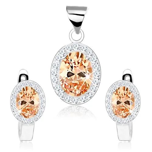 Sada ze stříbra 925, přívěsek a náušnice, oválný tmavě žlutý zirkon s lemem