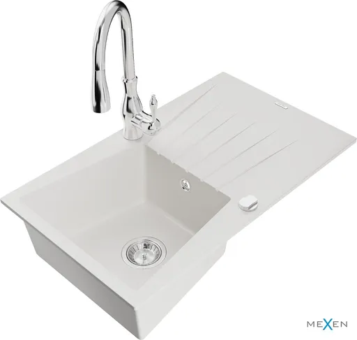 MEXEN/S Cesar granitový dřez 1 s odkapávačem včetně baterie Savita, bílá 6513-77-672601-70 6514-20-672601-00